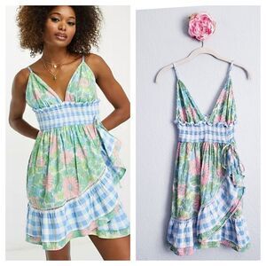 ASOS Design Floral Gingham Mini Wrap Dress